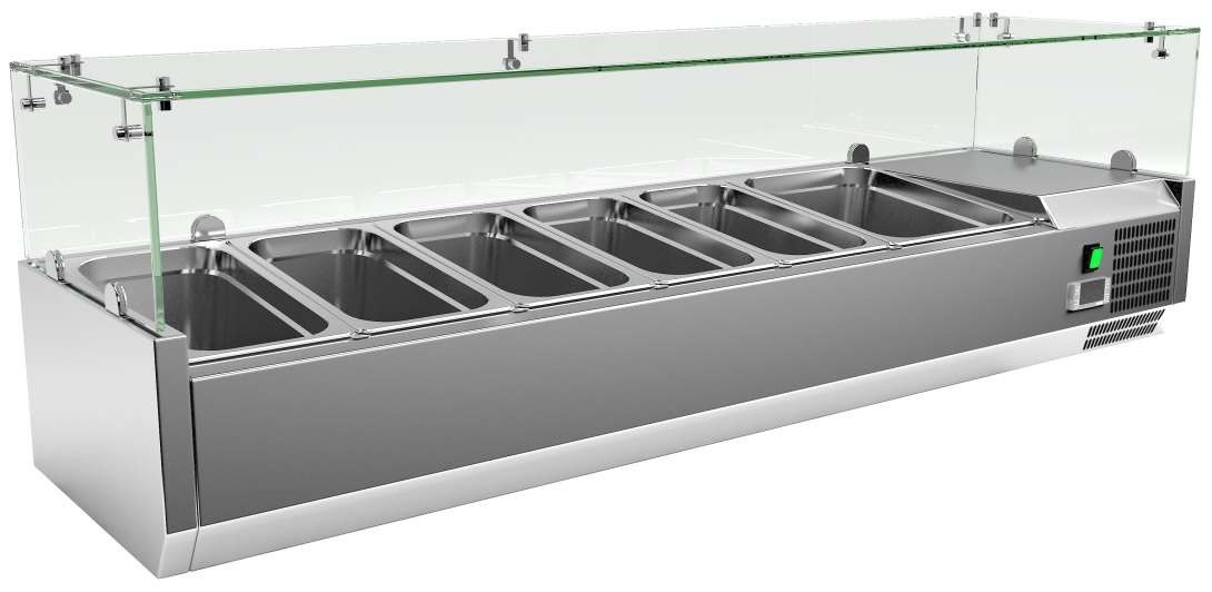 Vitrina 5 cubetas GN1/3 + 1 cubeta GN1/2 con Cúpula de Vídrio de 1500 x395 x440h mm PEKIN VRX1500380FG