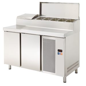 Mesa Refrigerada GN1/1  2 Puertas Preparación Encimera Inoxidable y Vitrina ingredientes GN1/3 1350x708x850h mm Línea CORDOBA MRP-135E